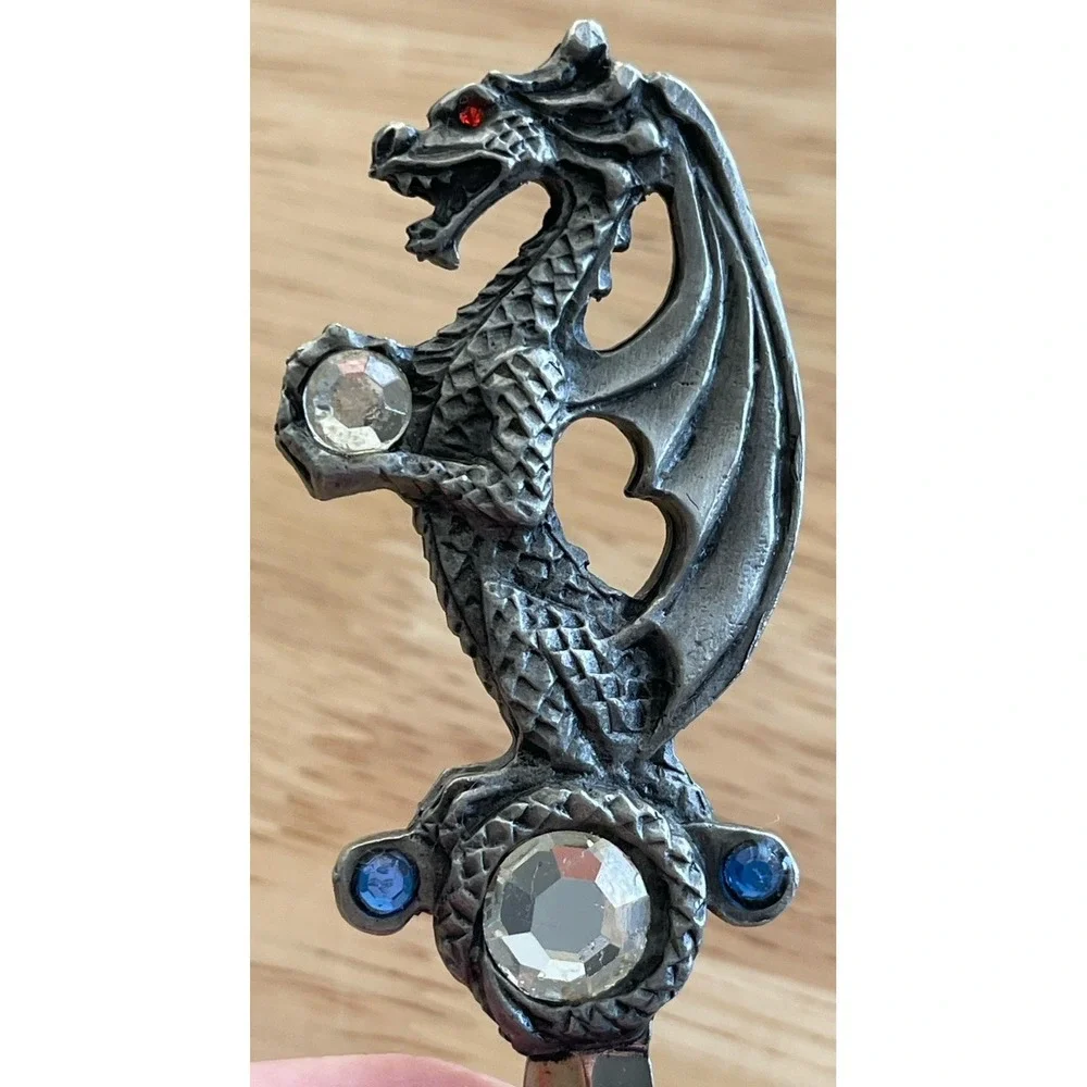 Sunglo 1990 Metal Dragon Letter Opener And‎ Holder With Rhinestones